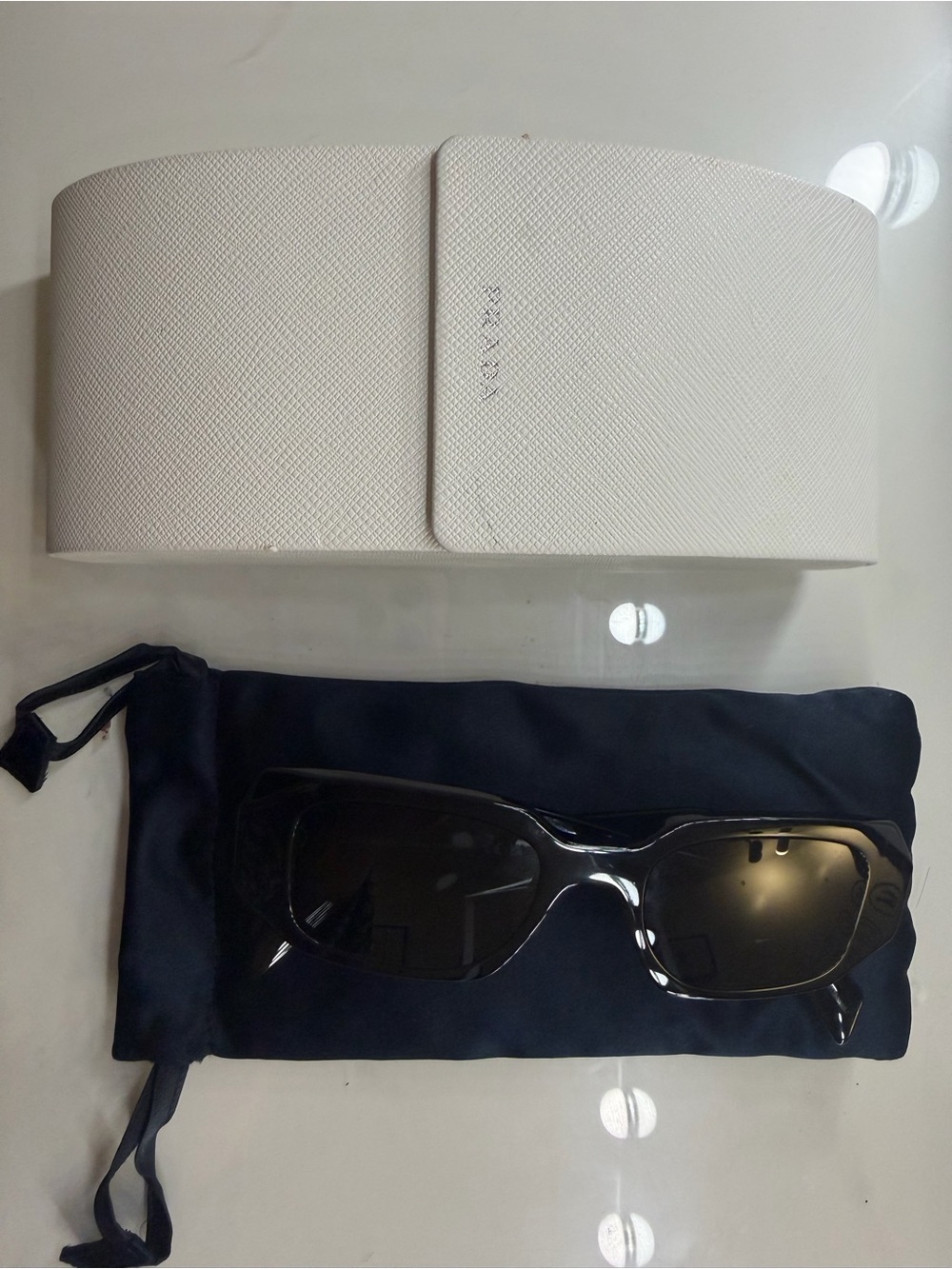 Prada Black Rectangular Sunglasses with White Case